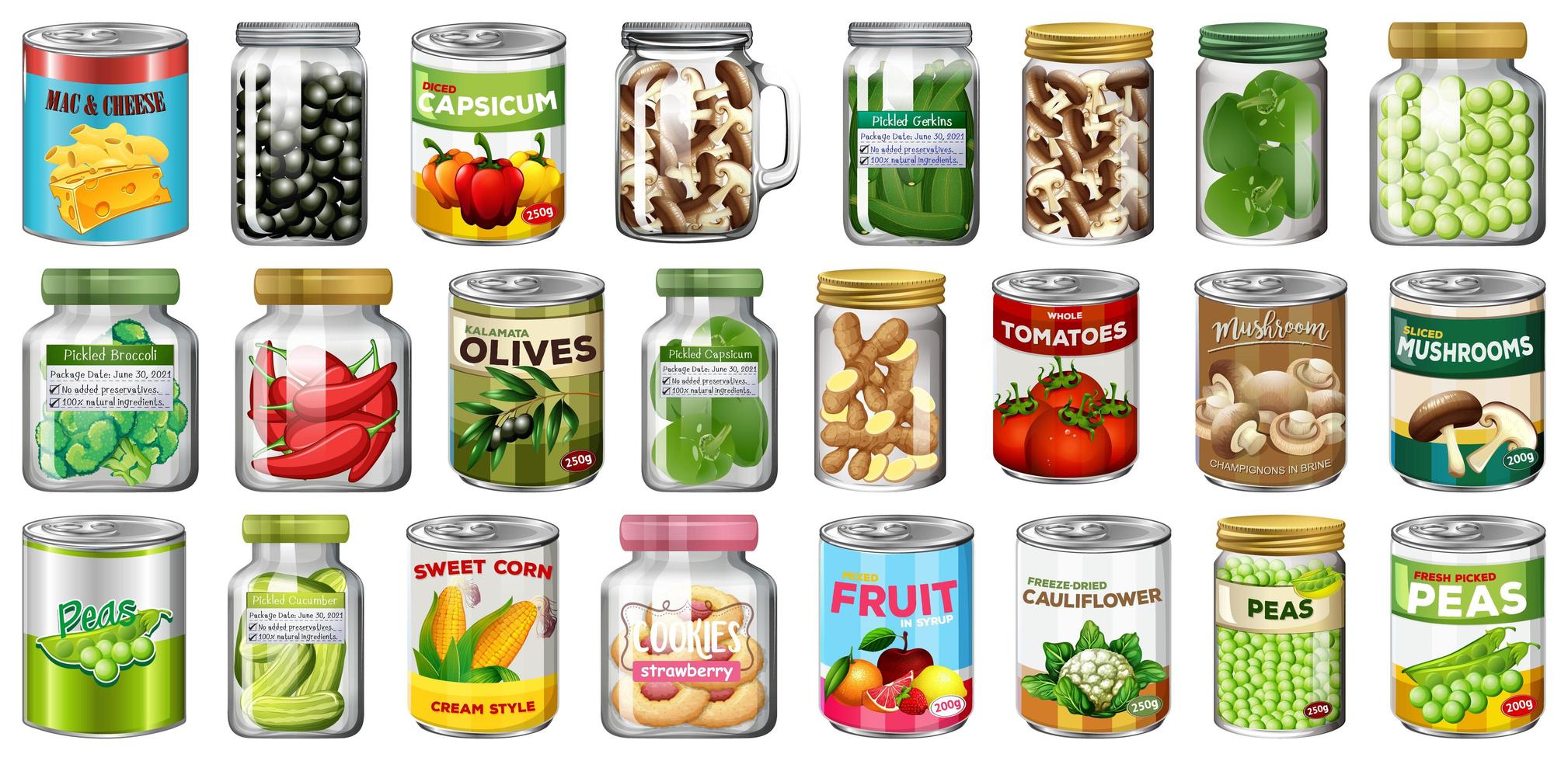 Set of different canned food and food in jars vector