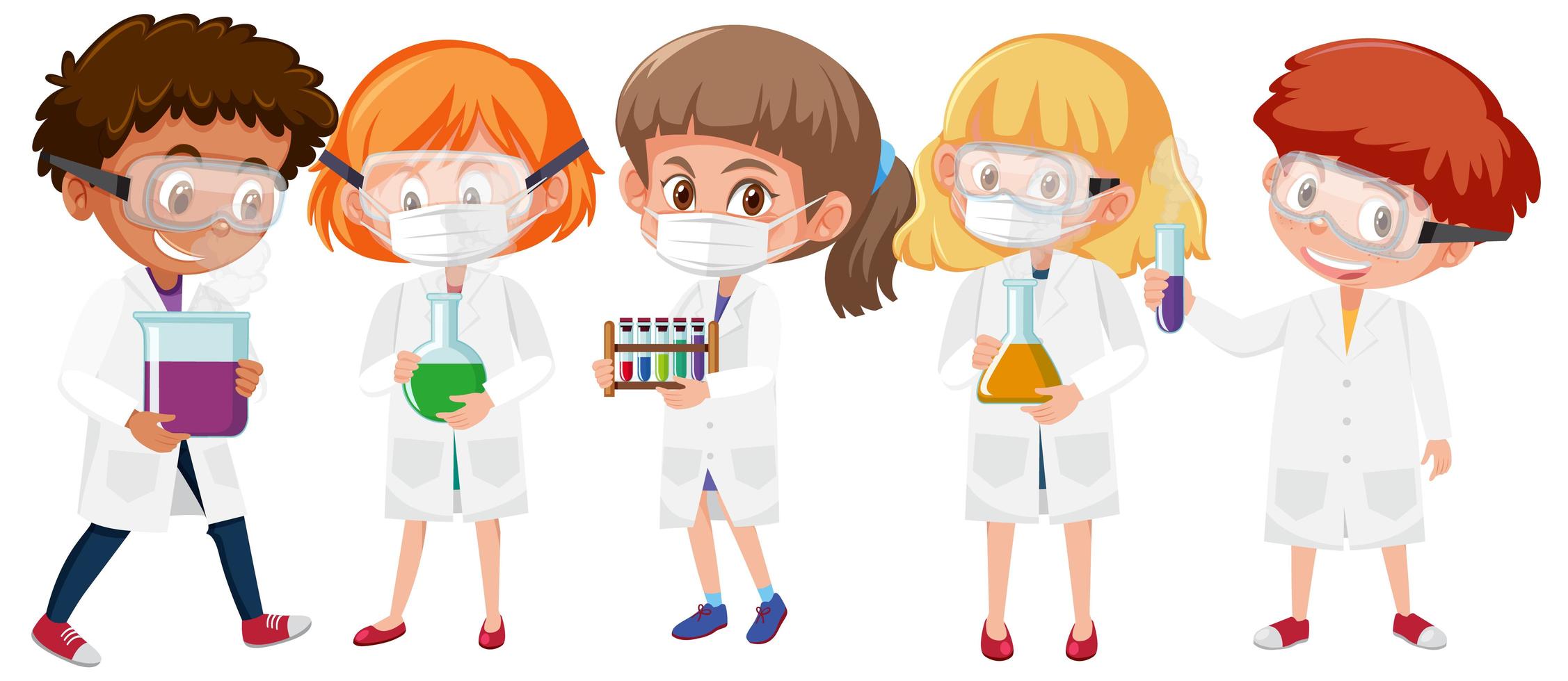 Set of kids in scientist lab coats with face masks vector