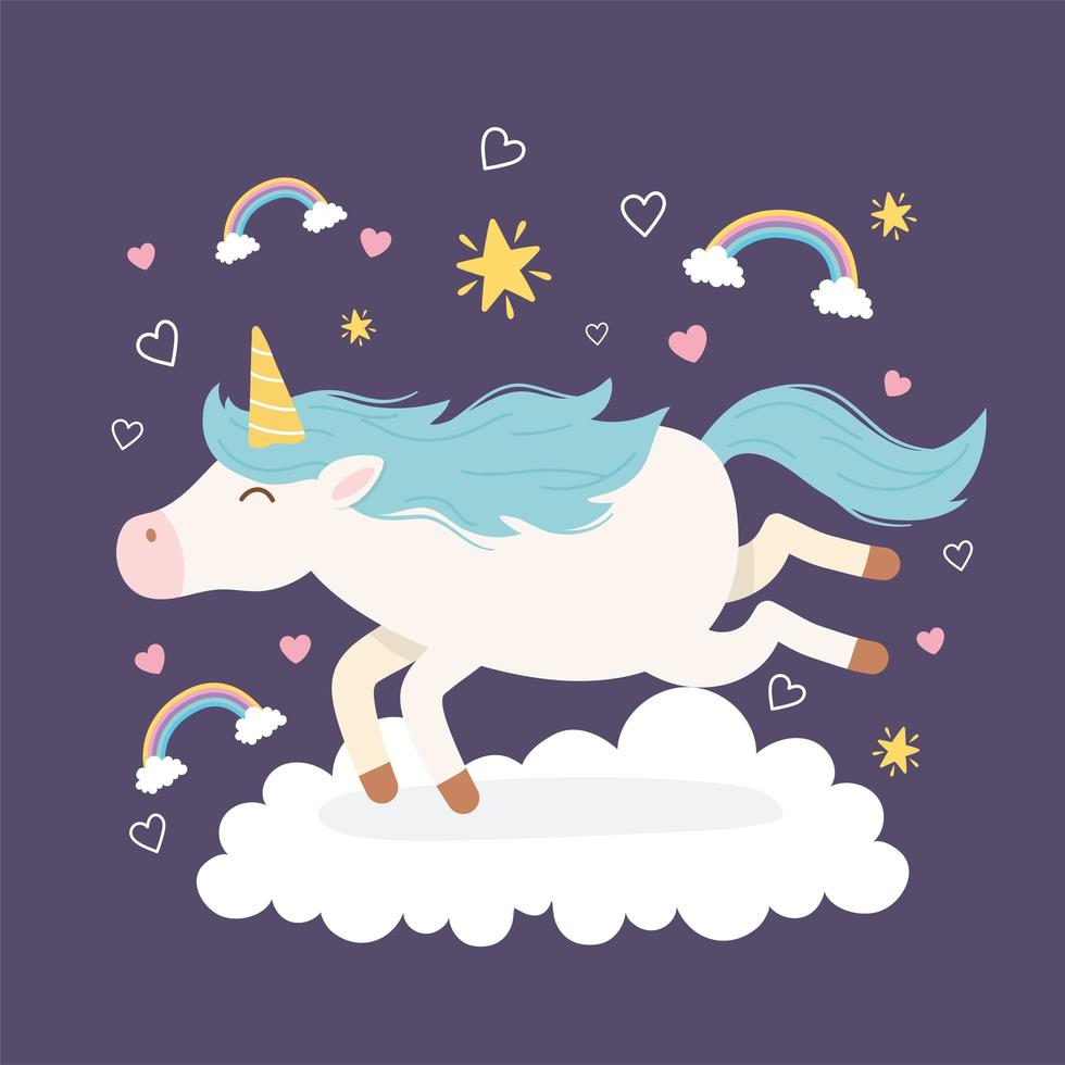 personaje de dibujos animados de unicornio mágico con arco iris vector