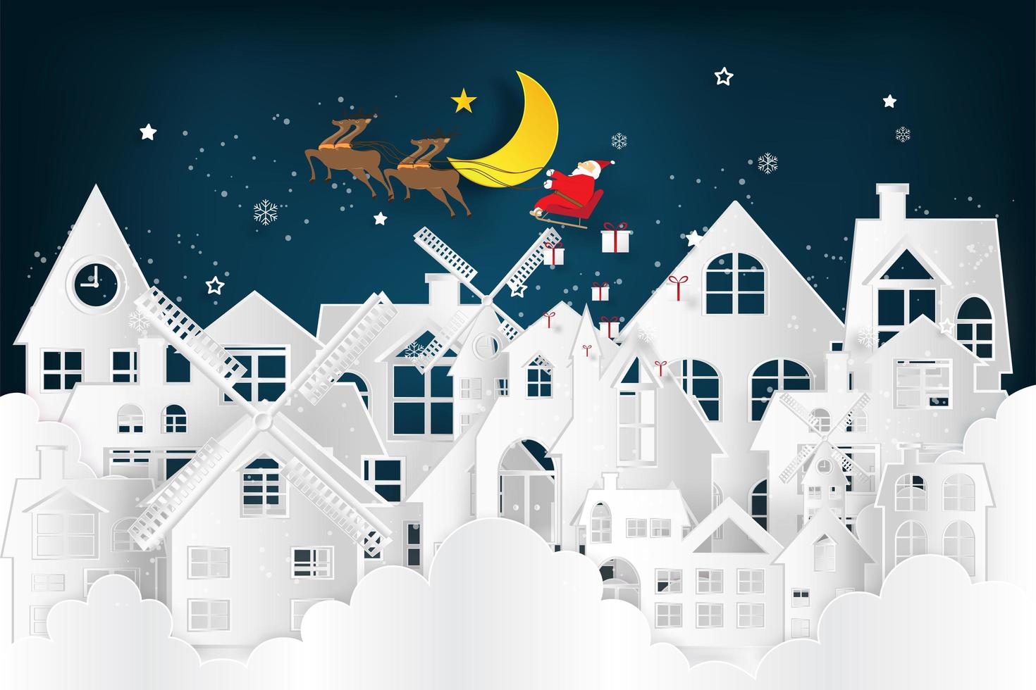 Paper cut style Santa Claus sleigh over snowy city vector