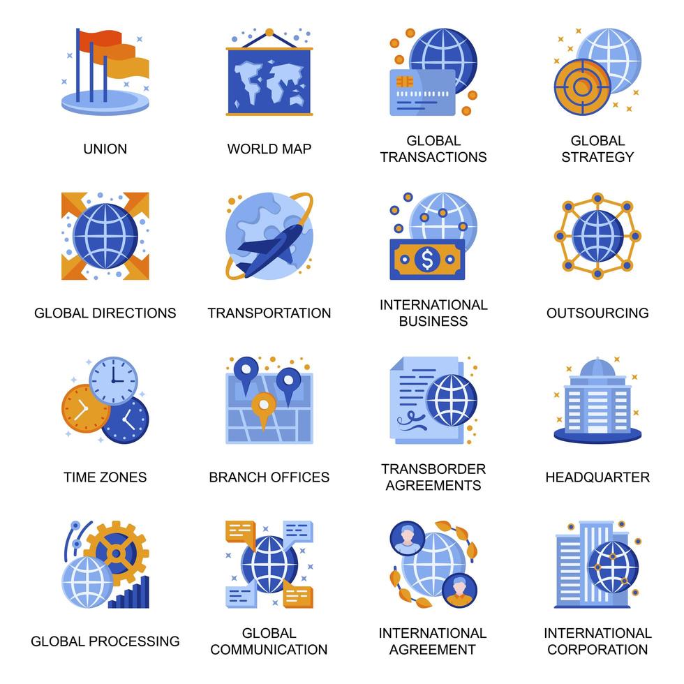 Global business icons set in flat style. vector