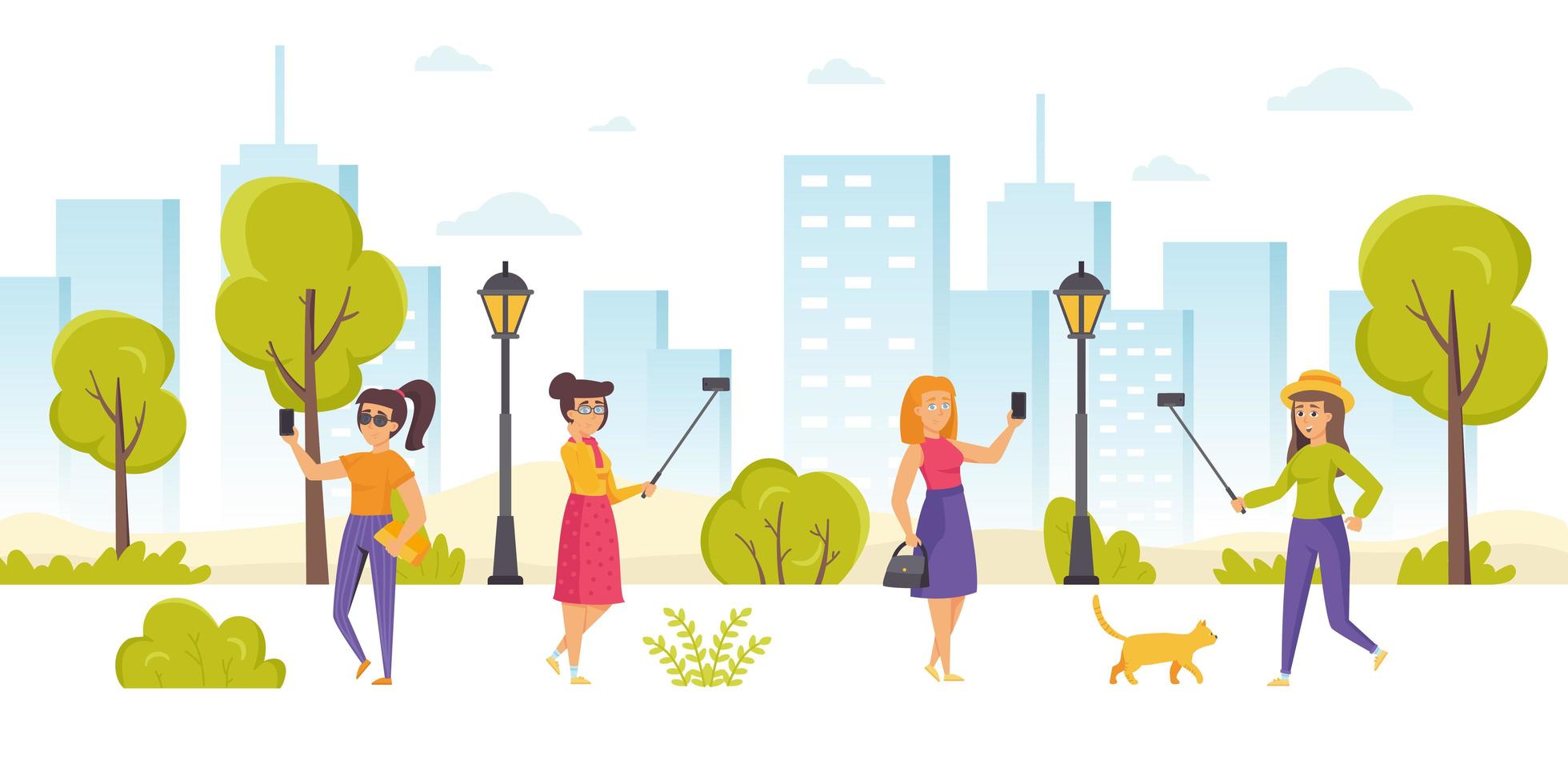 Cute girls taking selfies on smartphones in park. vector