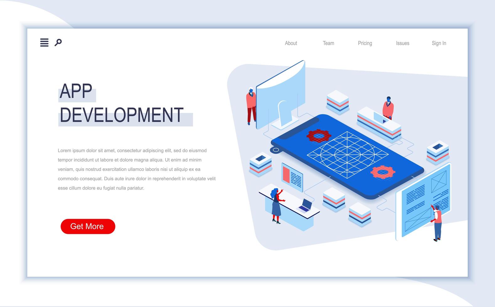 App development isometric landing page vector