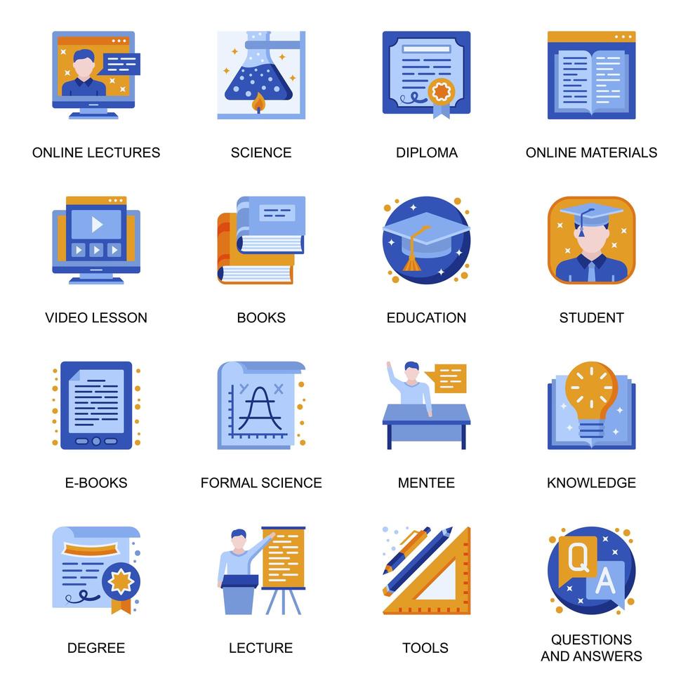 Education icons set in flat style. vector