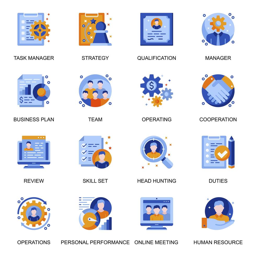 Management icons set in flat style. vector