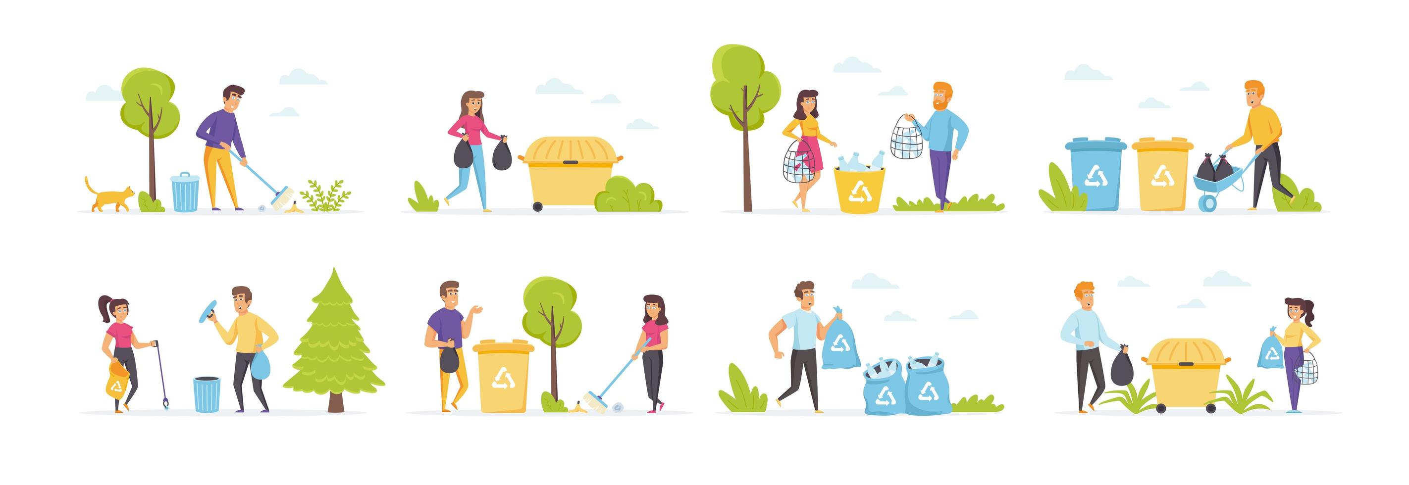 Garbage collection set with people characters vector