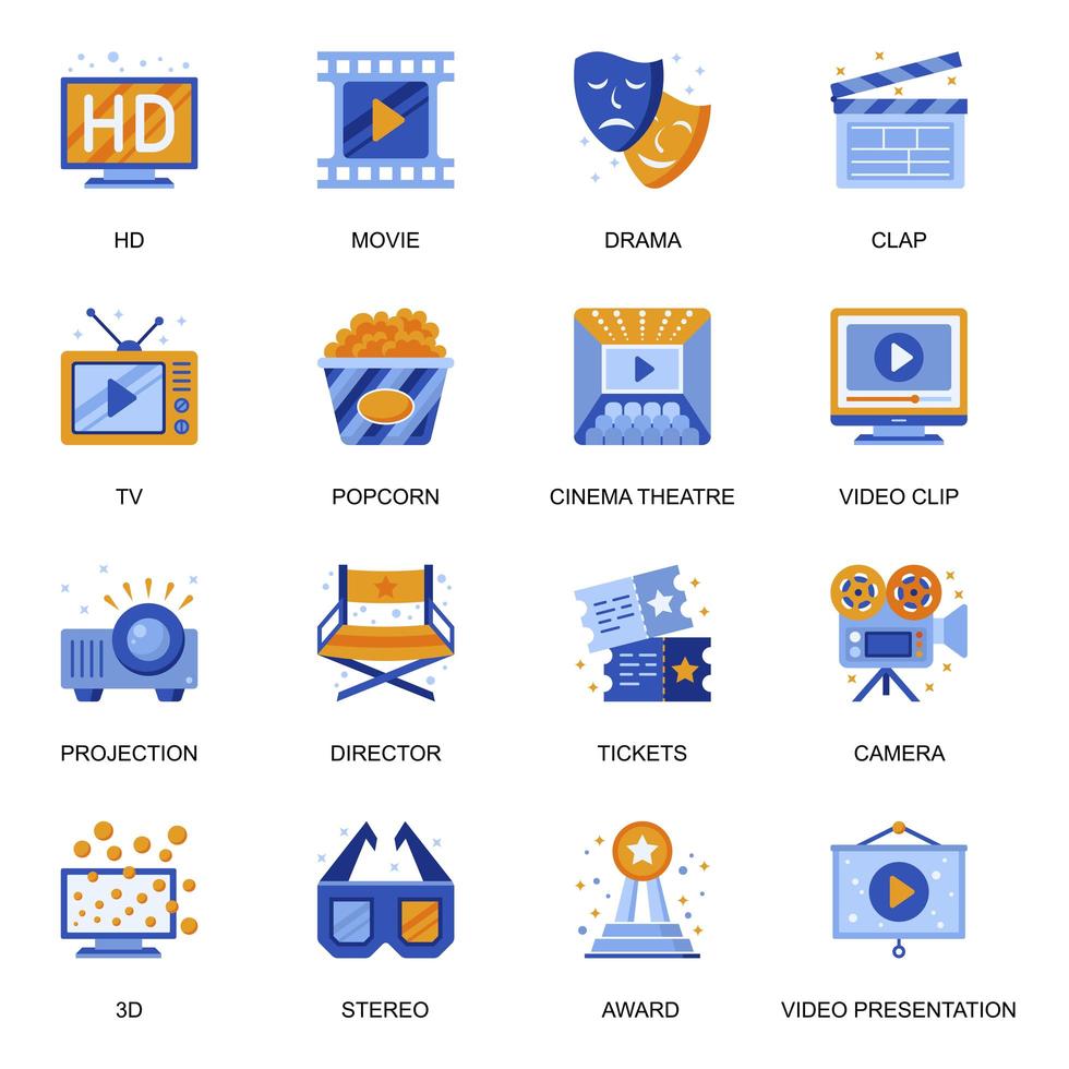 Cinema icons set in flat style. vector