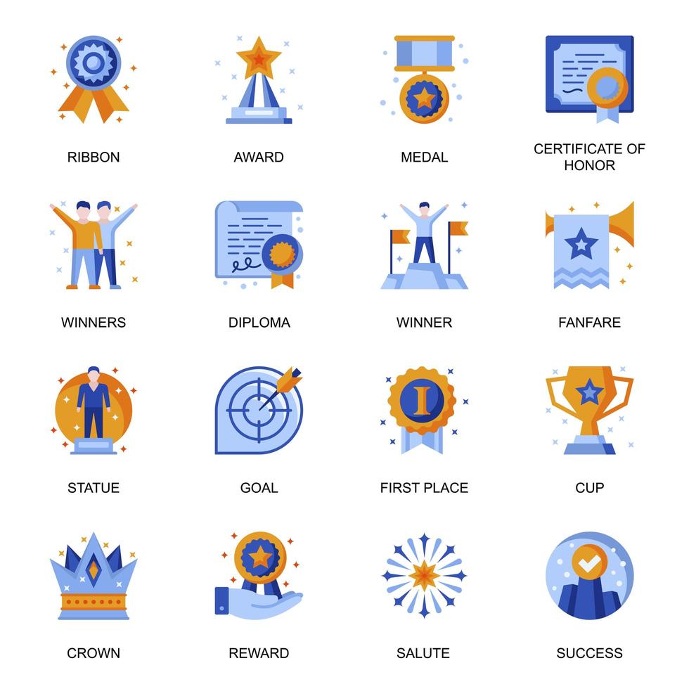 Business success icons set in flat style. vector