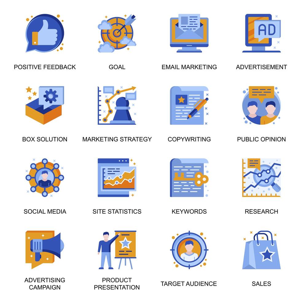 Marketing strategy icons set in flat style. vector
