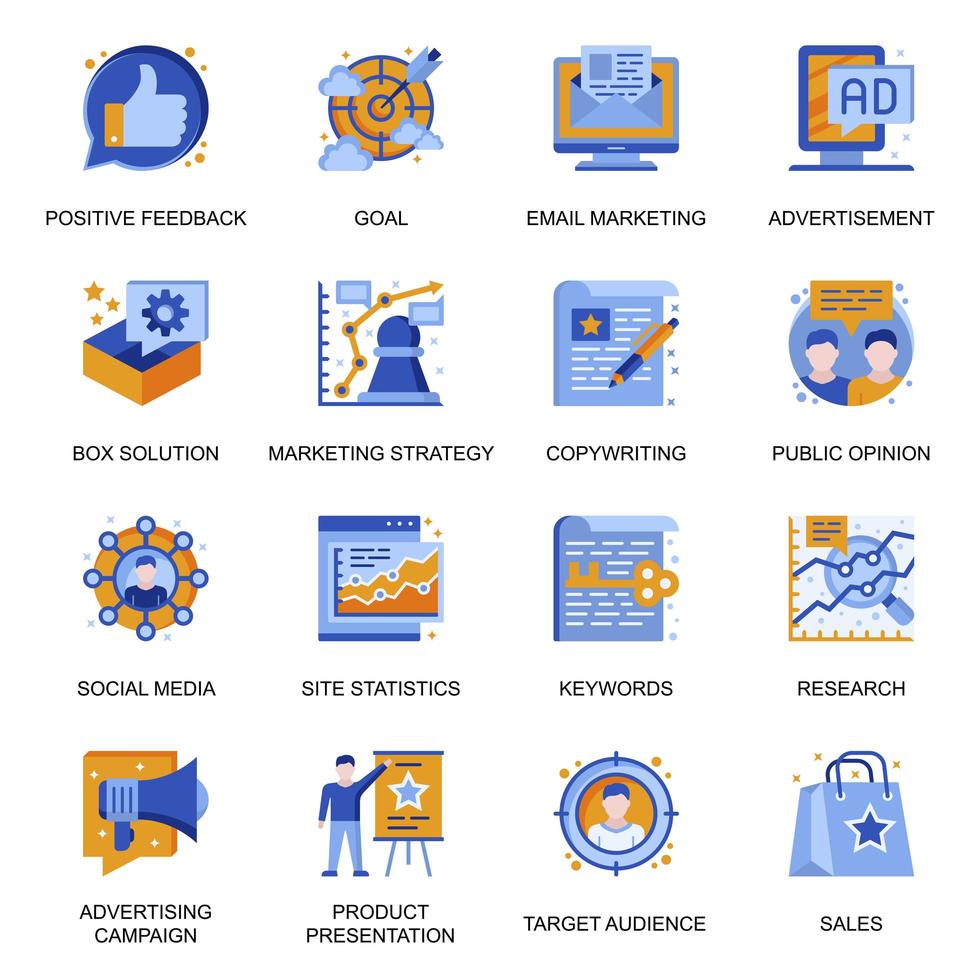 iconos de estrategia de marketing en estilo plano. vector