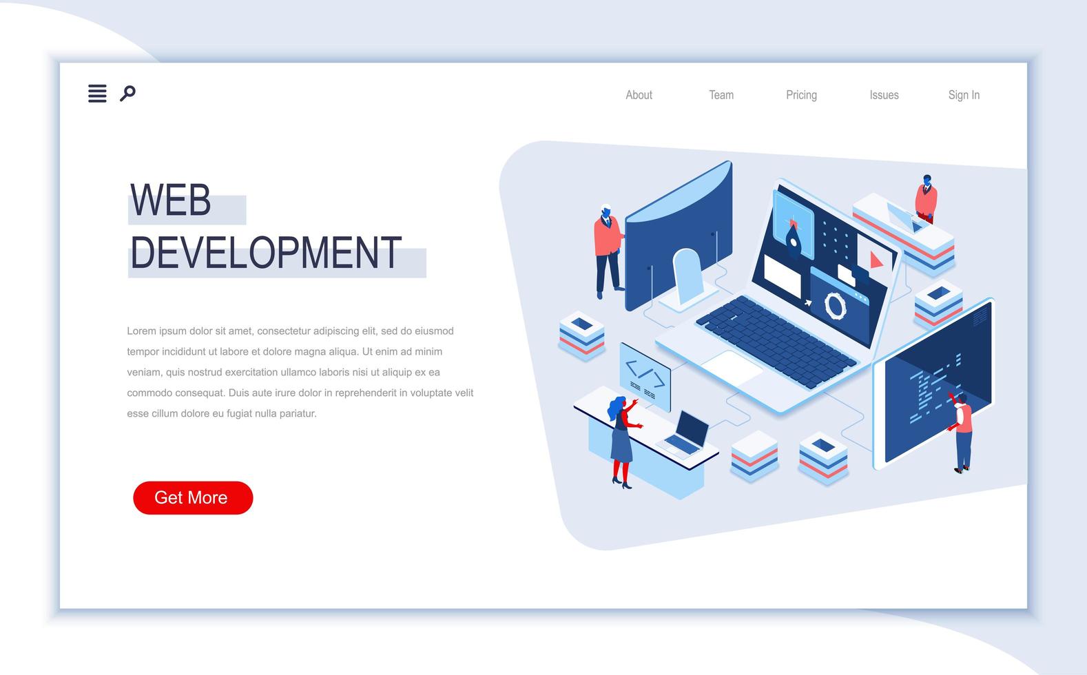 Web development isometric landing page vector