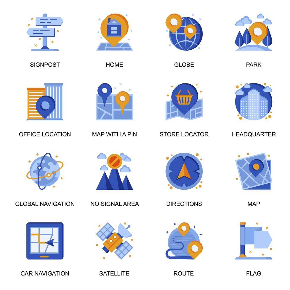 Navigation system icons set in flat style. vector