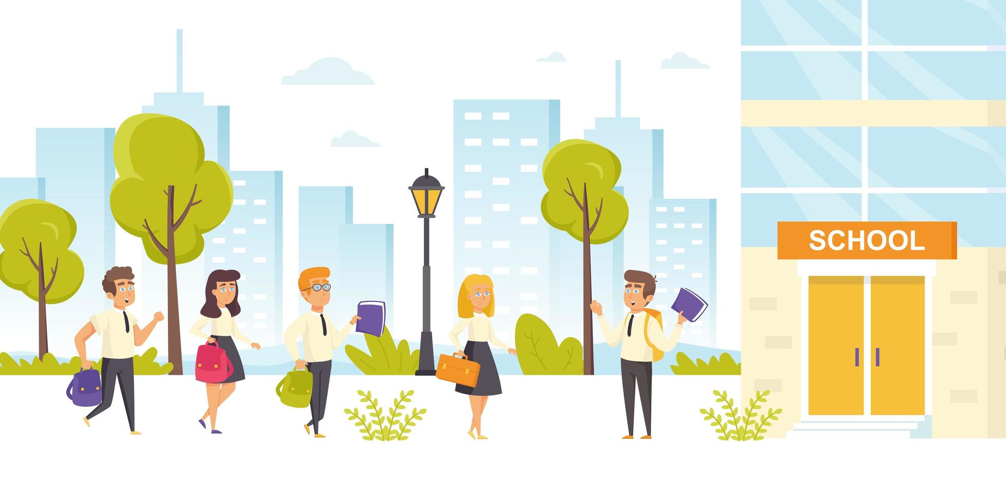 Happy kids with books outside of school building vector