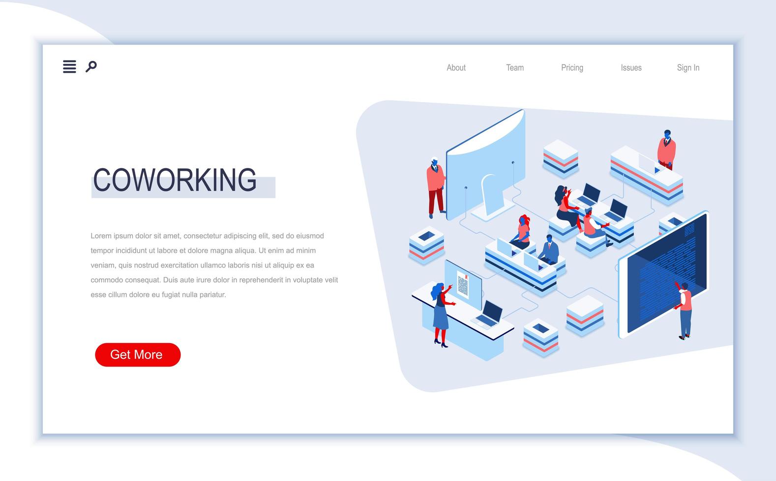 Coworking space isometric landing page vector