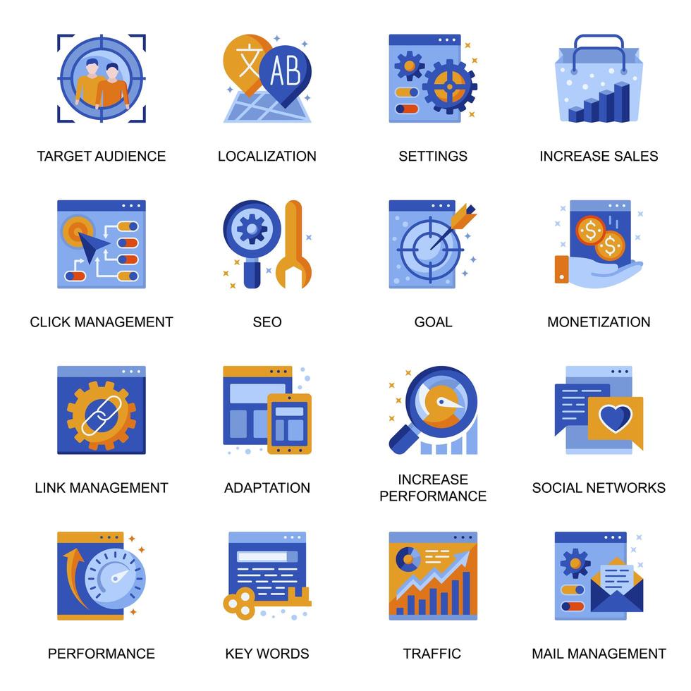 SEO icons set in flat style. vector