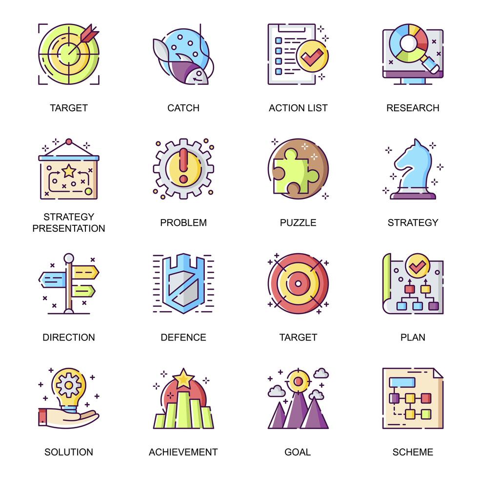 Conjunto de iconos planos de estrategia empresarial. vector