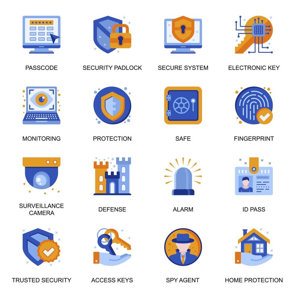 Security system icons set in flat style. vector