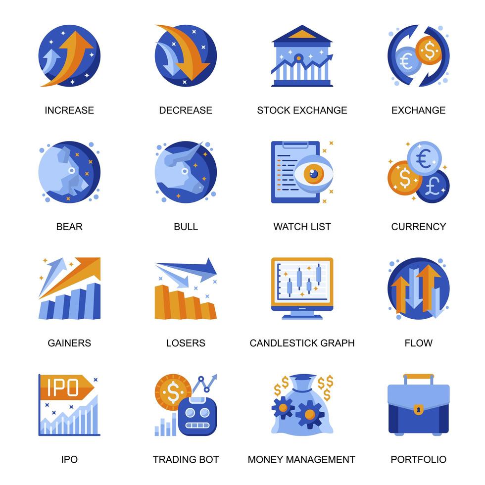 Stock trading icons set in flat style. vector