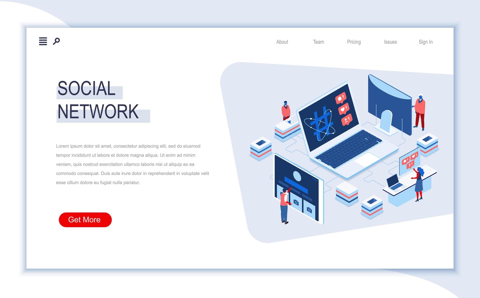 Social network isometric landing page vector