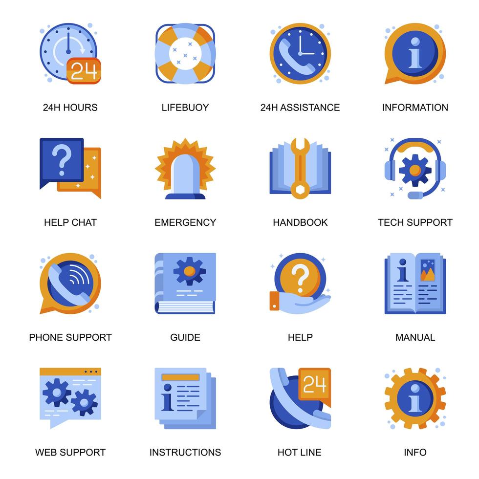 Web support icons set in flat style. vector