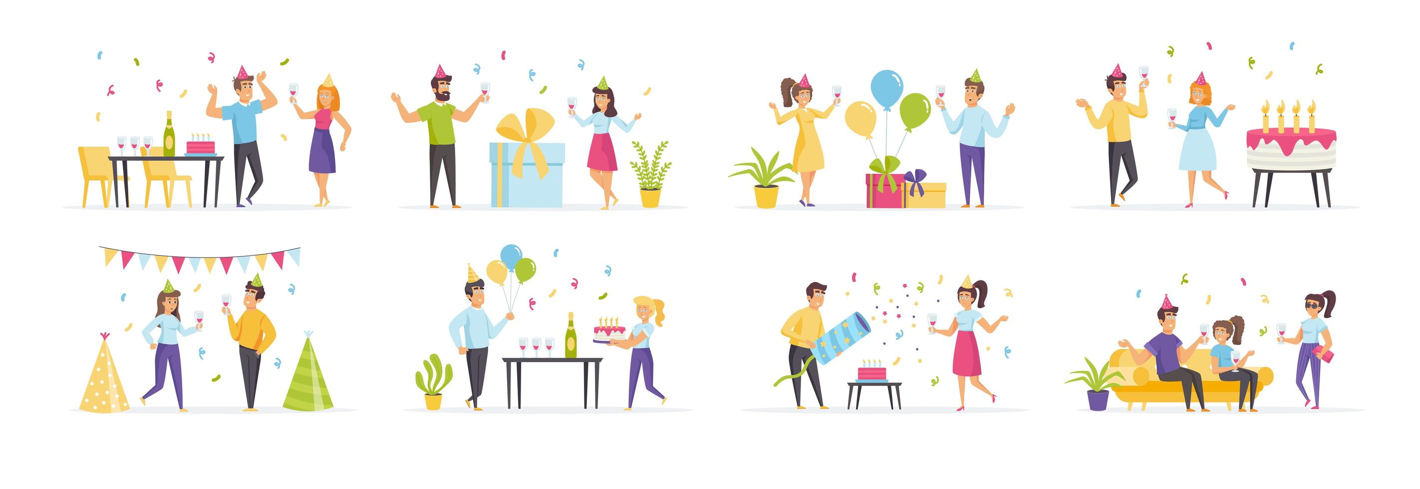Birthday party set with people characters vector