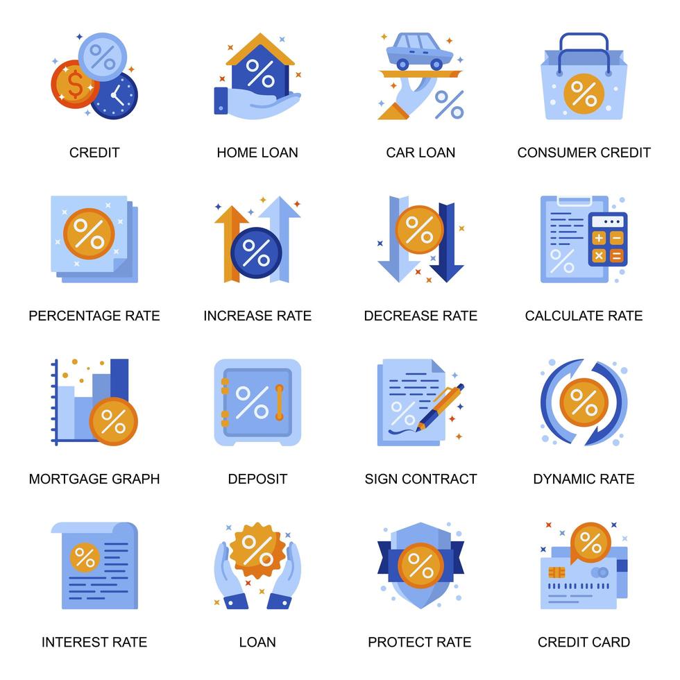 Credit and loan icons set in flat style. vector