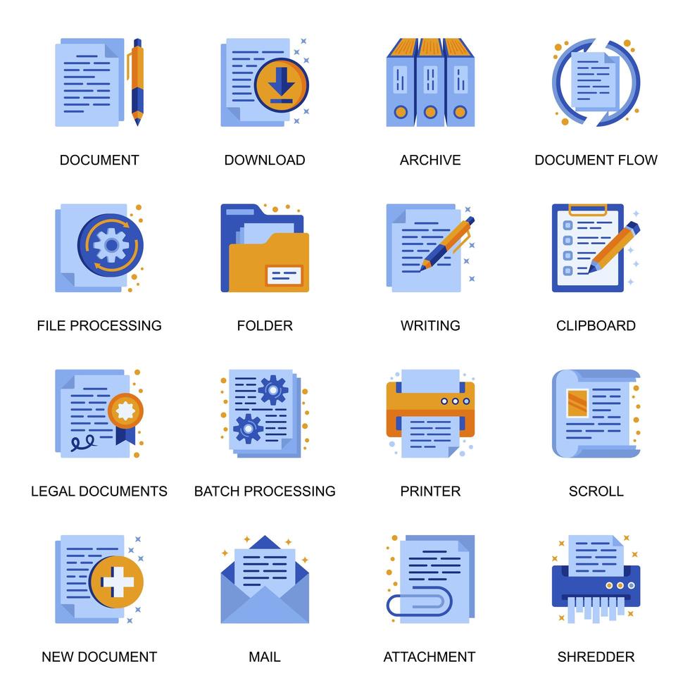 iconos de documentos establecidos en estilo plano. vector