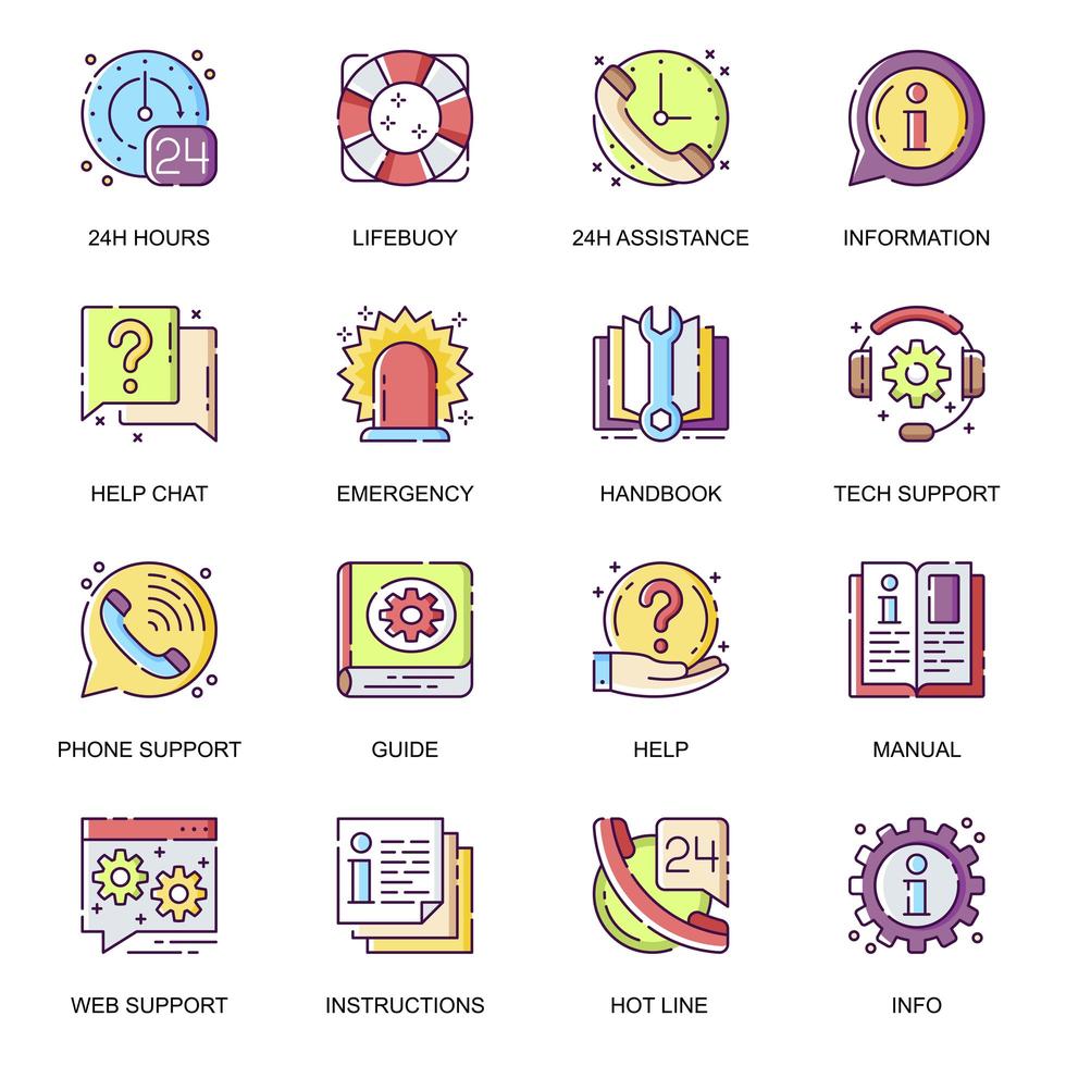 Help and support flat icons set. vector