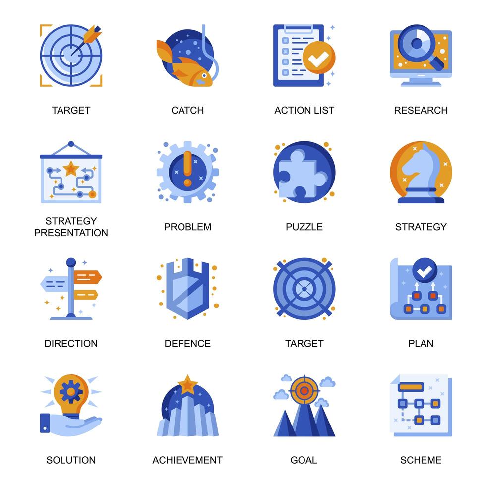 Business strategy icons set in flat style. vector