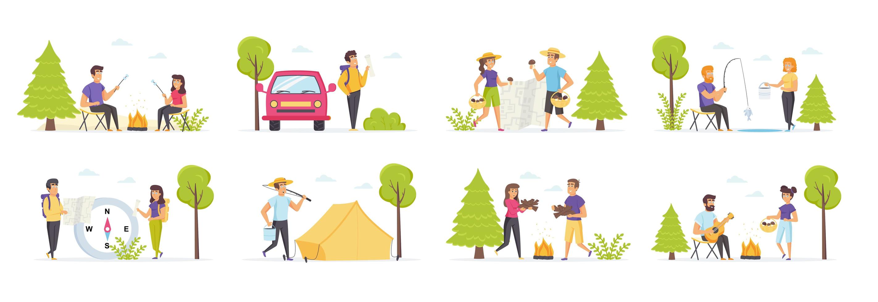 campamento de verano con personajes de personas. vector