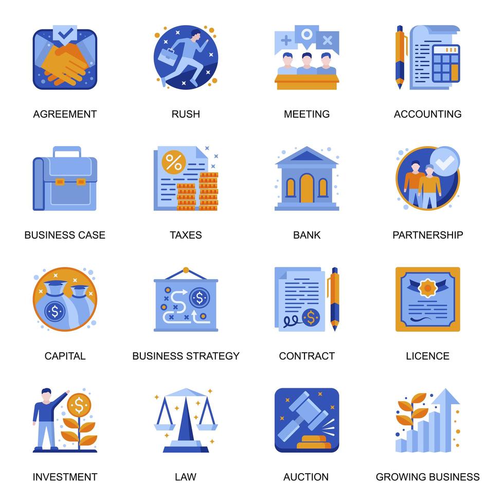 Business development icons set in flat style. vector