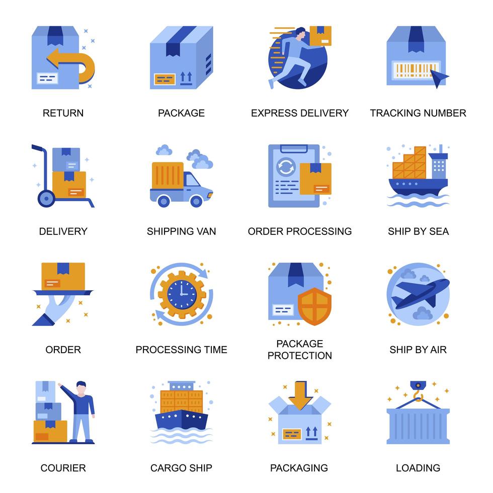 Delivery service icons set in flat style. vector