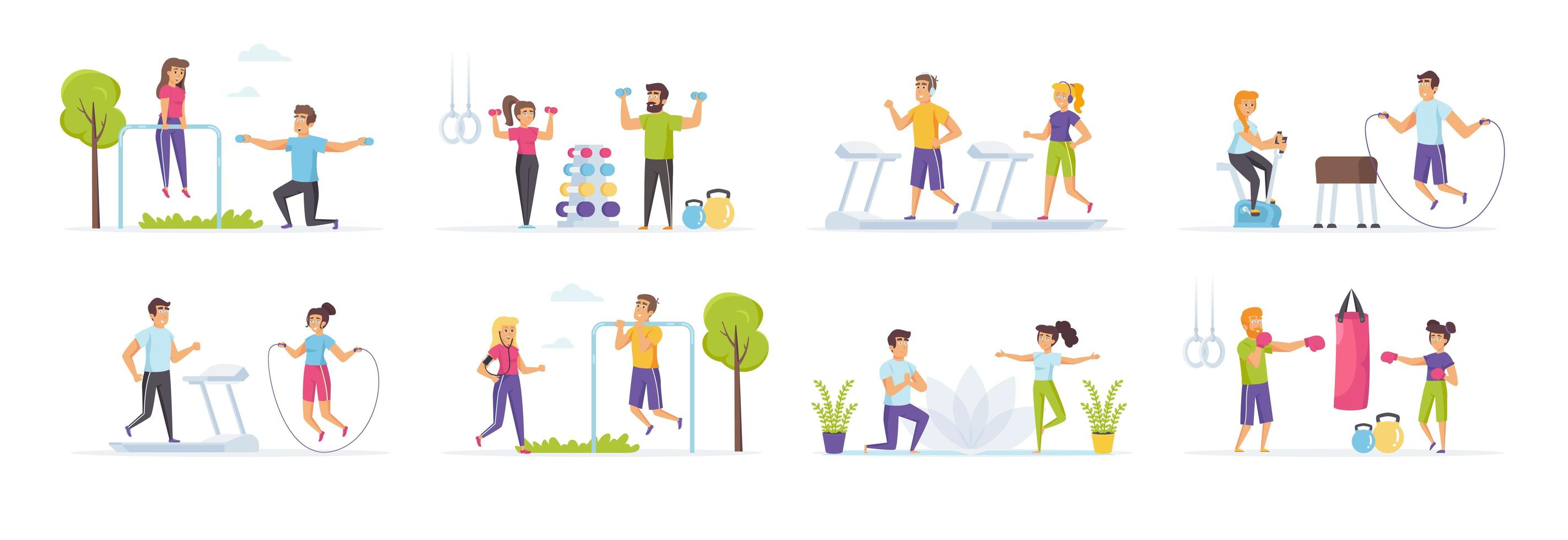 Fitness workout set with people characters vector