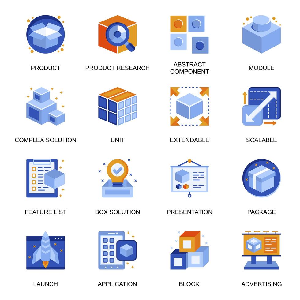 Product branding icons set in flat style. vector