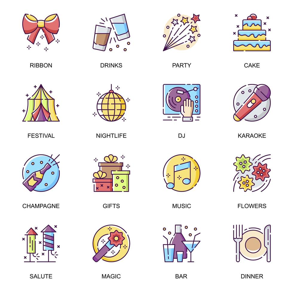 Party entertainment flat icons set. vector