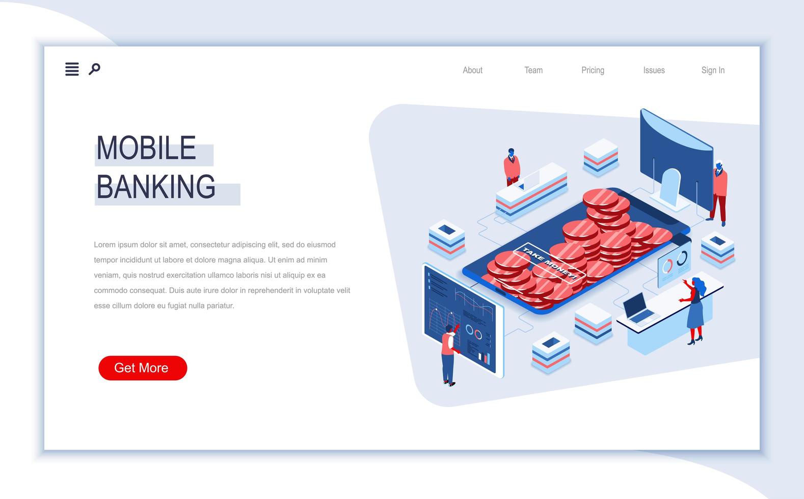 Mobile banking isometric landing page vector