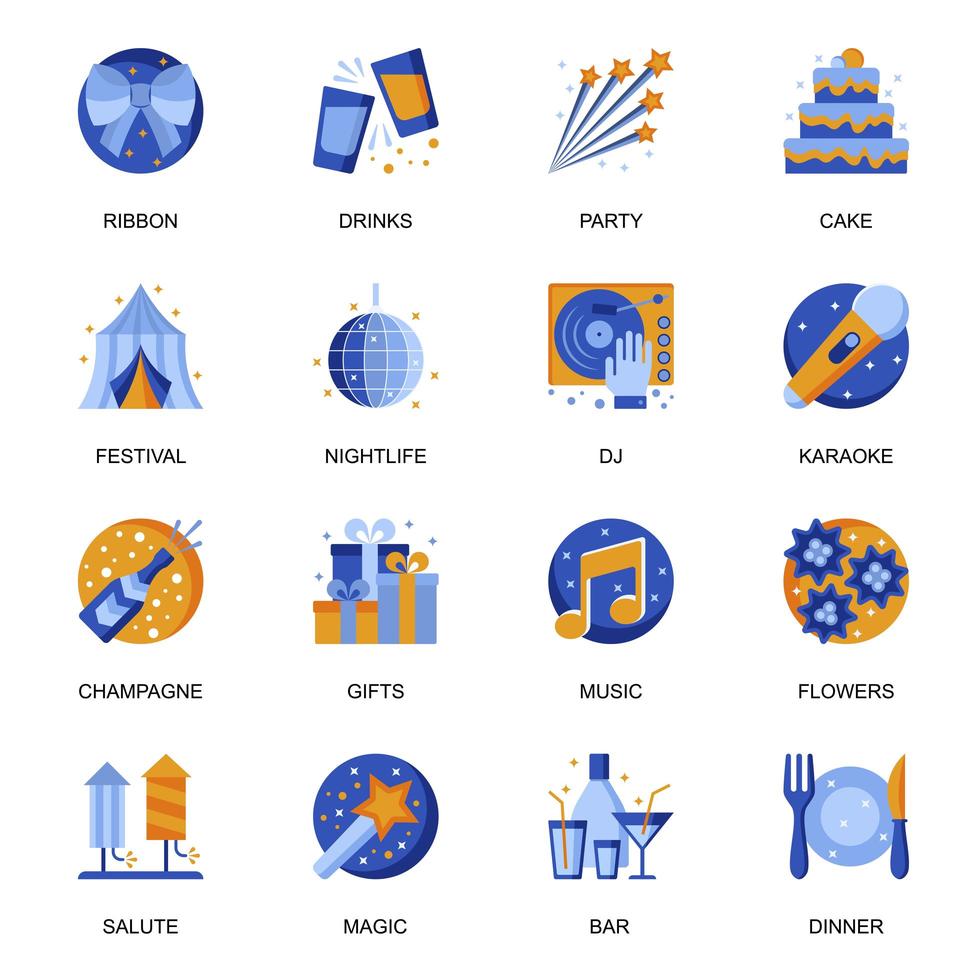 Party icons set in flat style. vector
