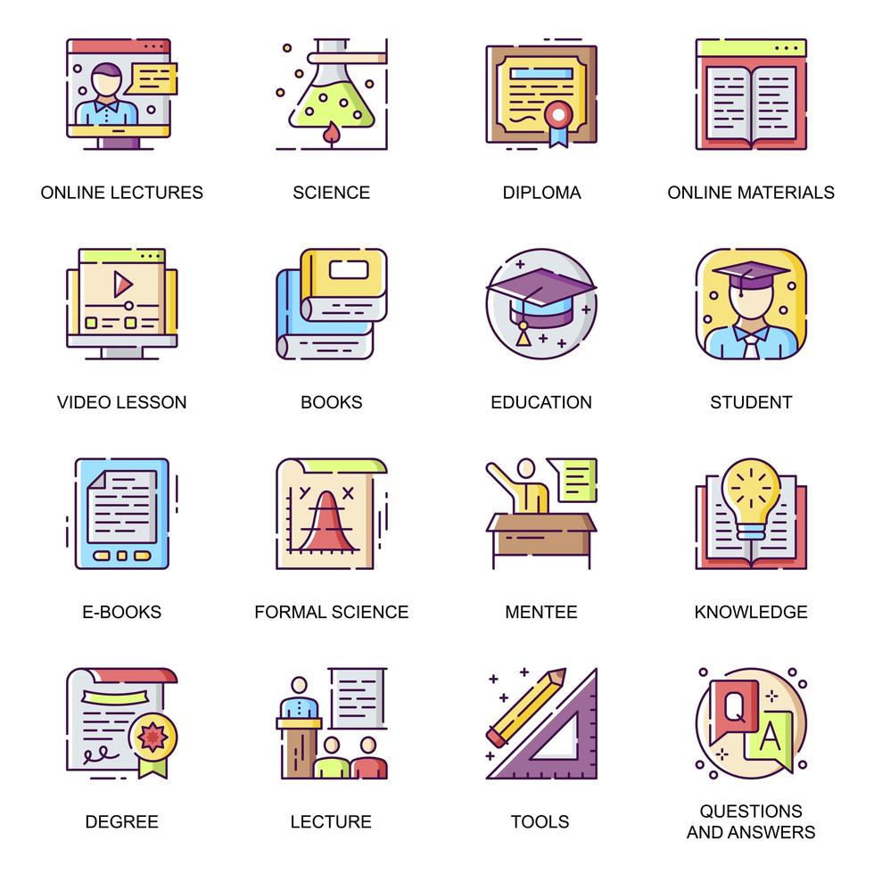 Modern education flat icons set. vector