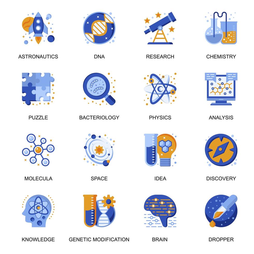 Science research icons set in flat style. vector