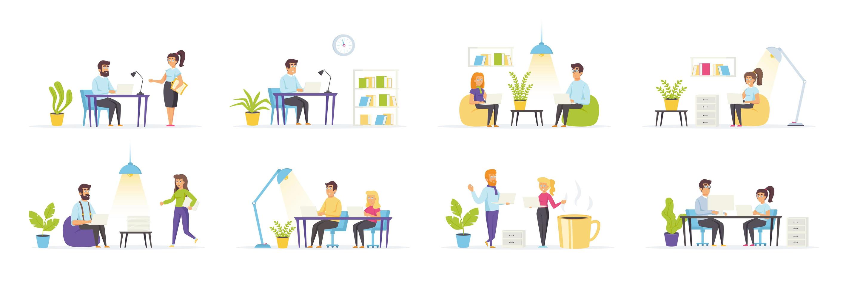 Coworking space set with people characters vector