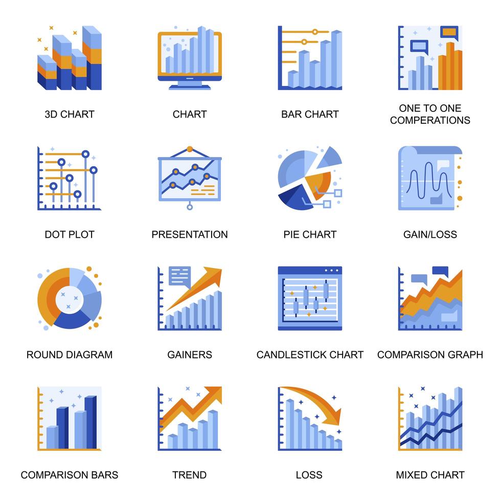 Financial chart icons set in flat style. vector