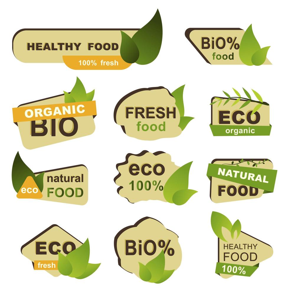 Conjunto de insignias de alimentos orgánicos, ecológicos y frescos. vector