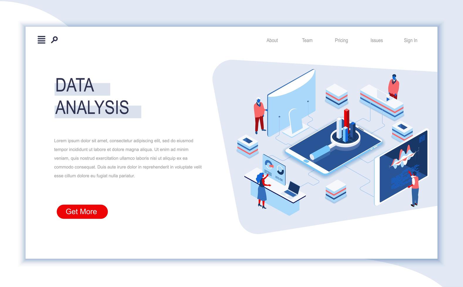 Data analysis isometric landing page vector