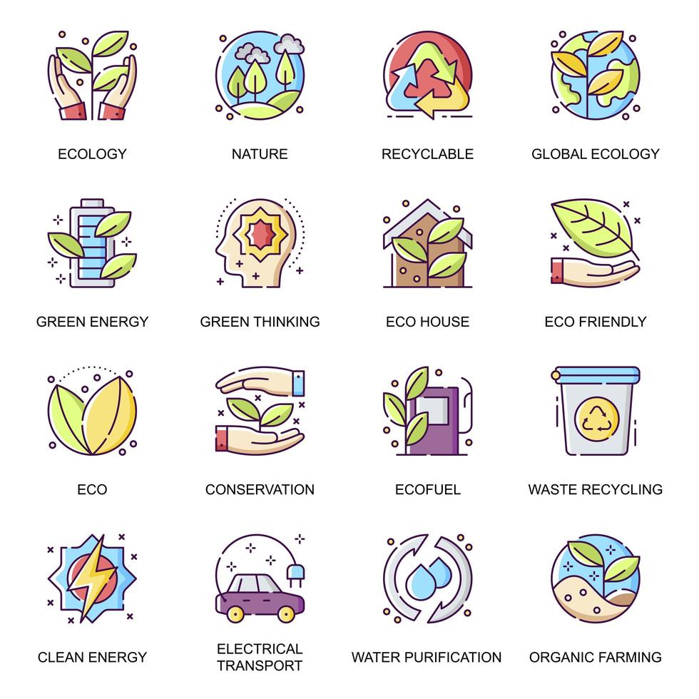 Global ecology flat icons set. Waste recycling vector