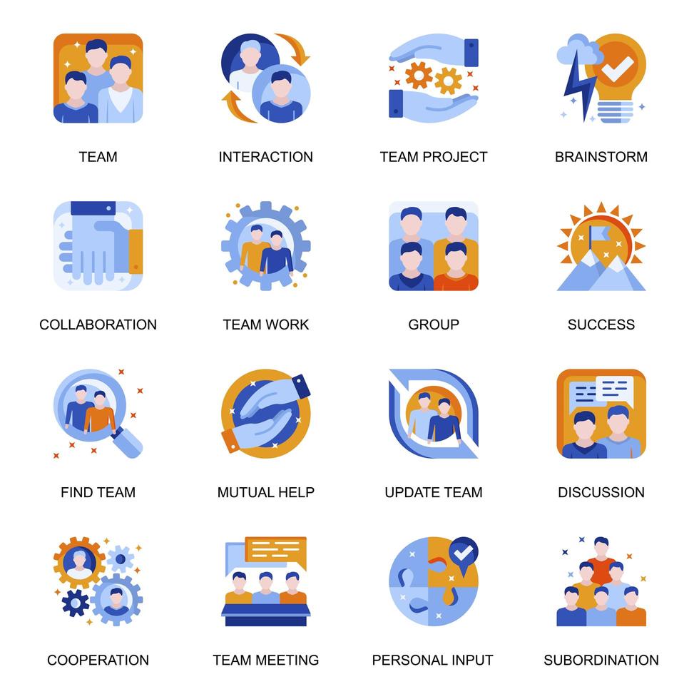 iconos de trabajo en equipo en estilo plano. vector