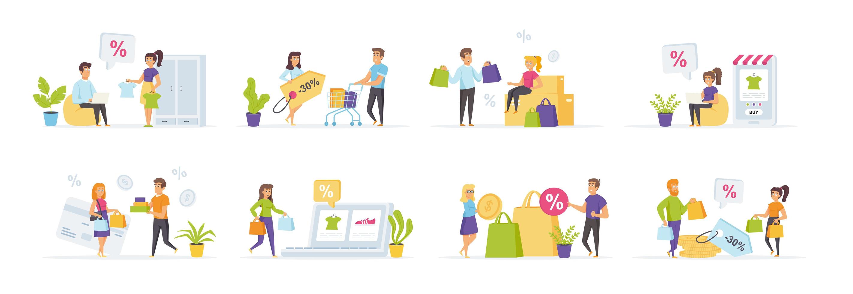Seasonal shopping set with people characters vector