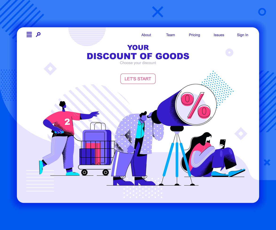 Discounts of goods landing page template vector