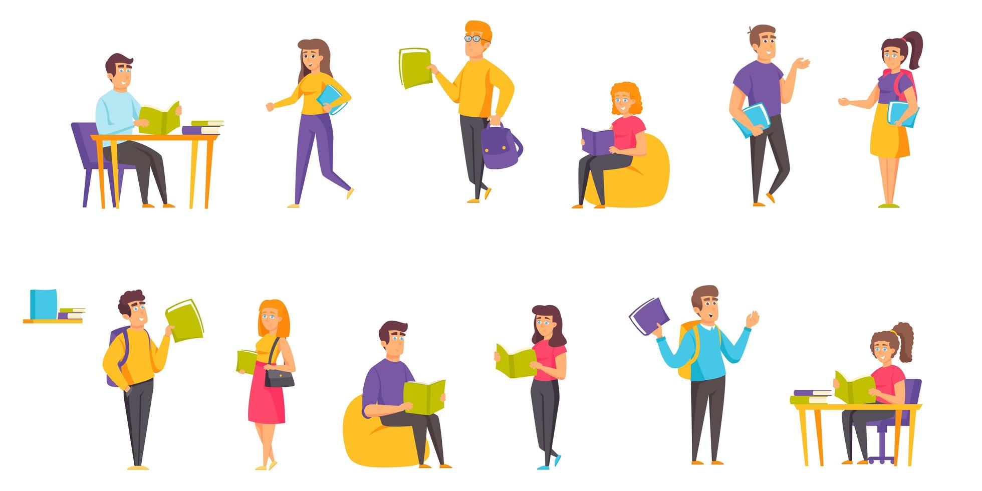 Students with books flat set vector