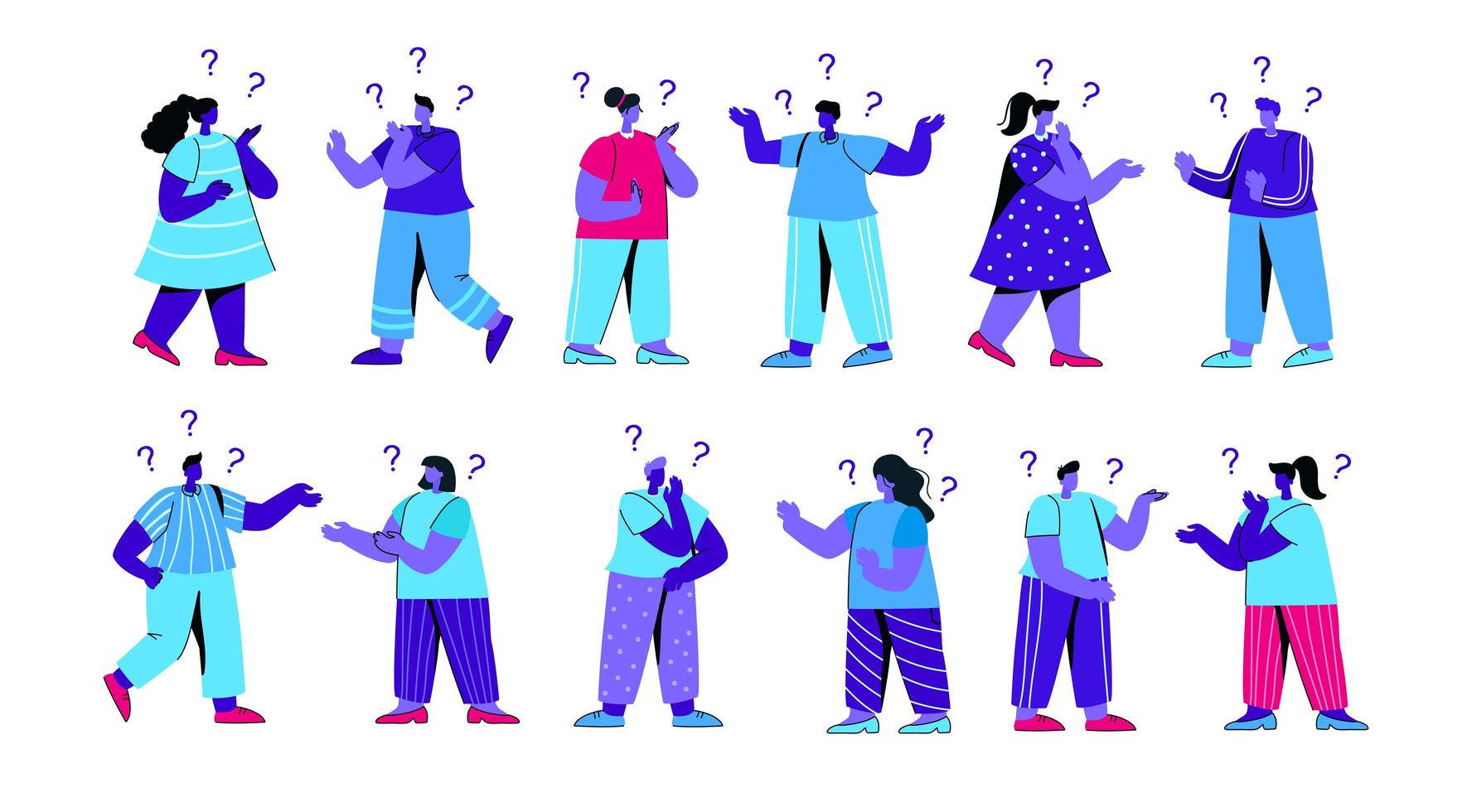 Set of confused girls and boys asking questions vector