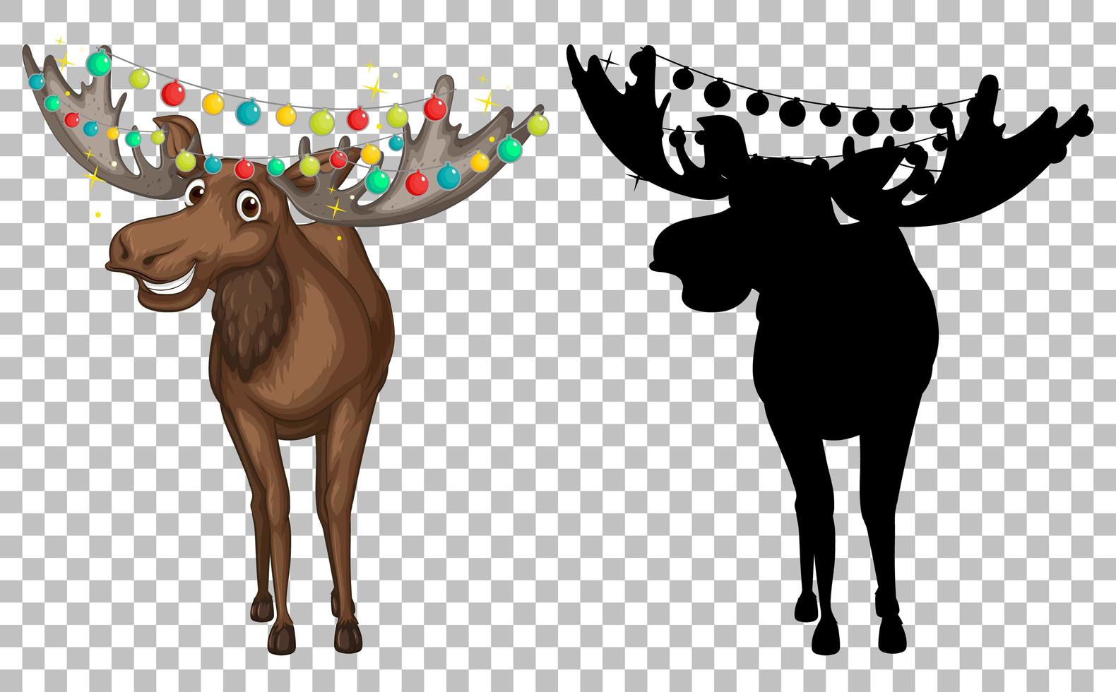 Set of deer cartoon and and its silhouette vector